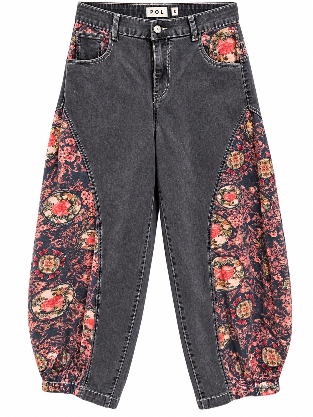 POL Black Charcoal Jeans with Pink Floral Panels - Wide Leg